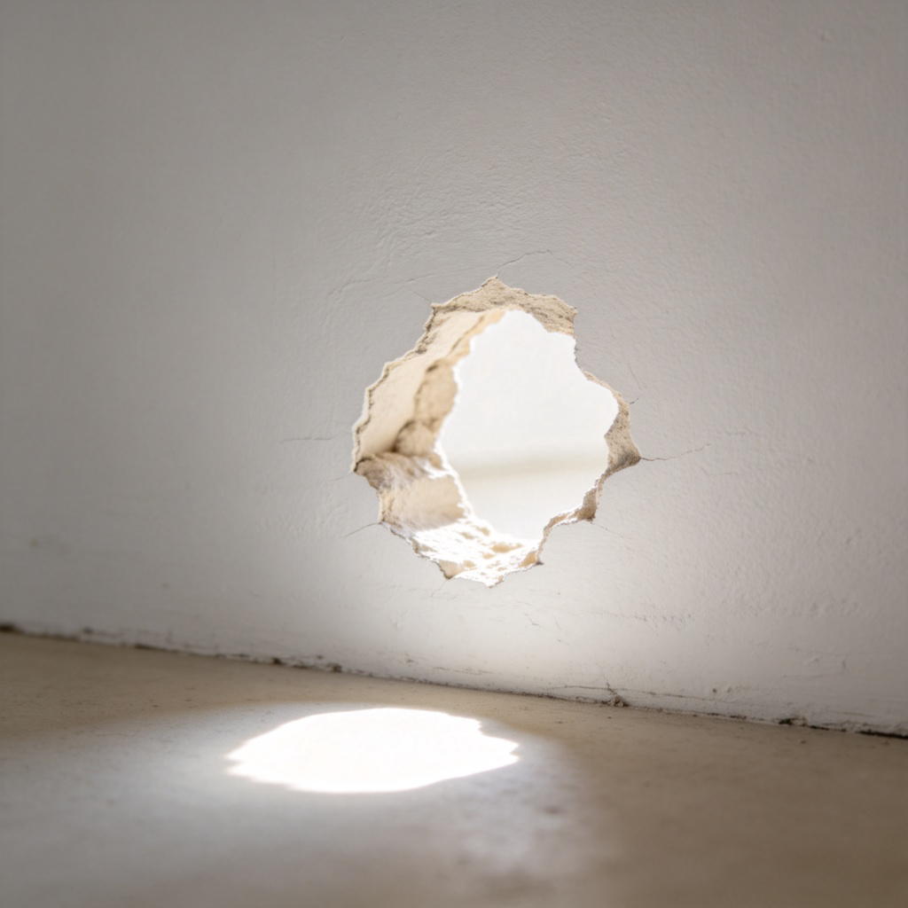 A close-up view of a plain white wall with a clearly defined, irregularly shaped hole in it. Light shines through the hole, casting a bright spot on the floor. The wall texture is visible, and the edges of the hole are rough. Clean, simple background with no other objects or text.