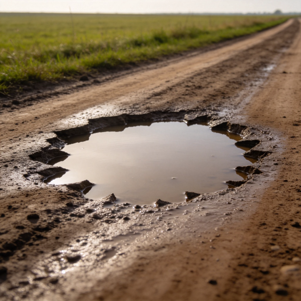 A view of a muddy, unpaved country road. In the center, there is a clear, water-filled pothole. The edges of the hole are jagged, and the surrounding ground is wet. The scene is under natural daylight, with a simple grassy field in the background. No vehicles or people.