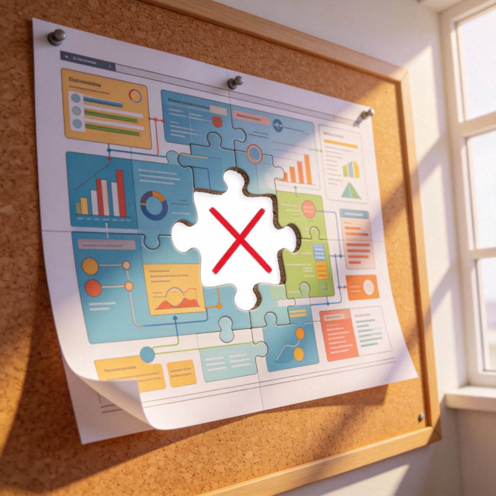 A detailed, realistic diagram of a business plan or puzzle drawn on a large sheet of paper, pinned to a corkboard. One crucial piece in the center of the diagram is missing, leaving a clean, white, puzzle-piece-shaped void (a hole). The rest of the diagram is complete and colorful. A red X is drawn over the void. Clean, well-lit office setting in the background.
