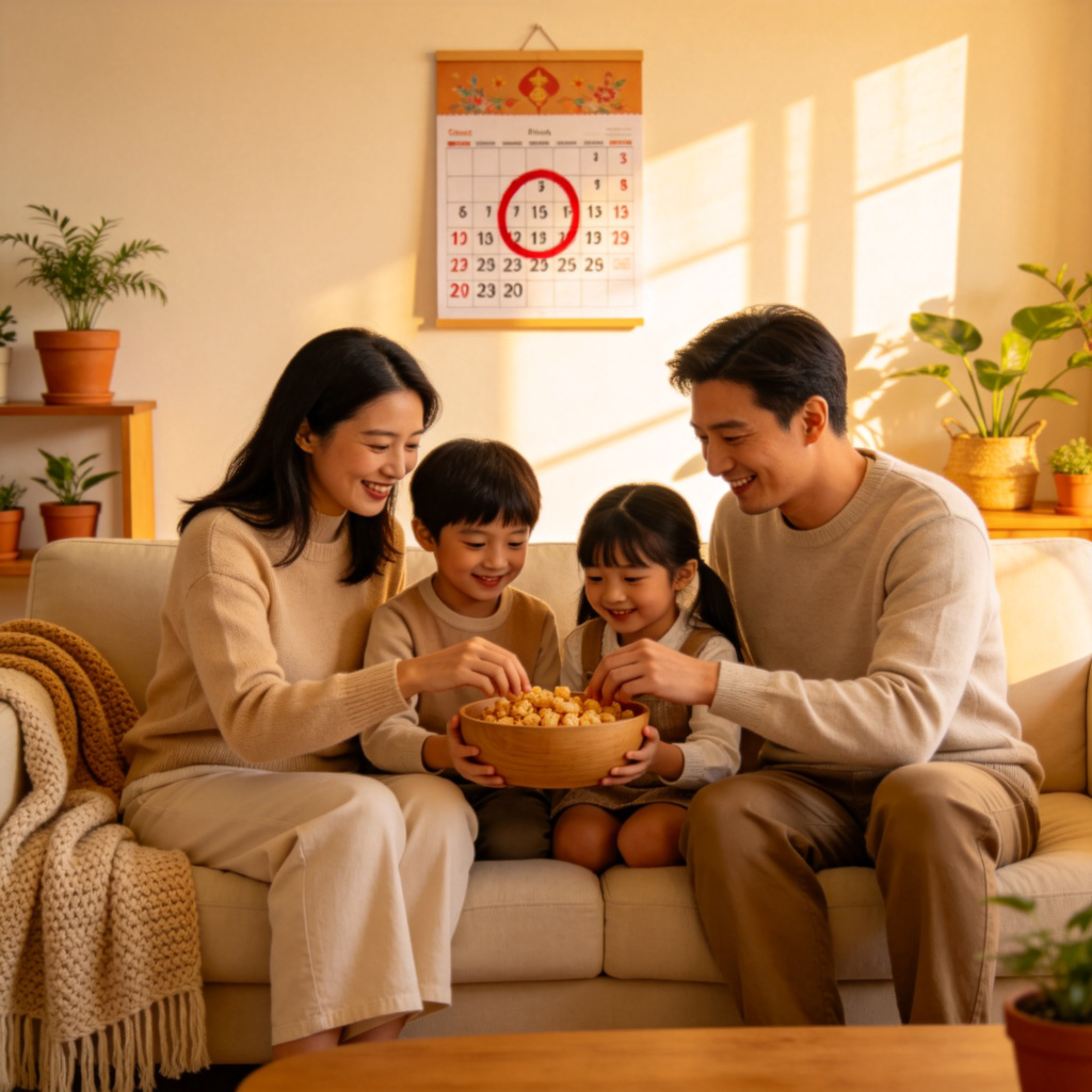A family sitting together in a living room, smiling and eating snacks, with a calendar on the wall showing a date circled in red for a holiday. Warm lighting, cozy atmosphere, no text or logos.