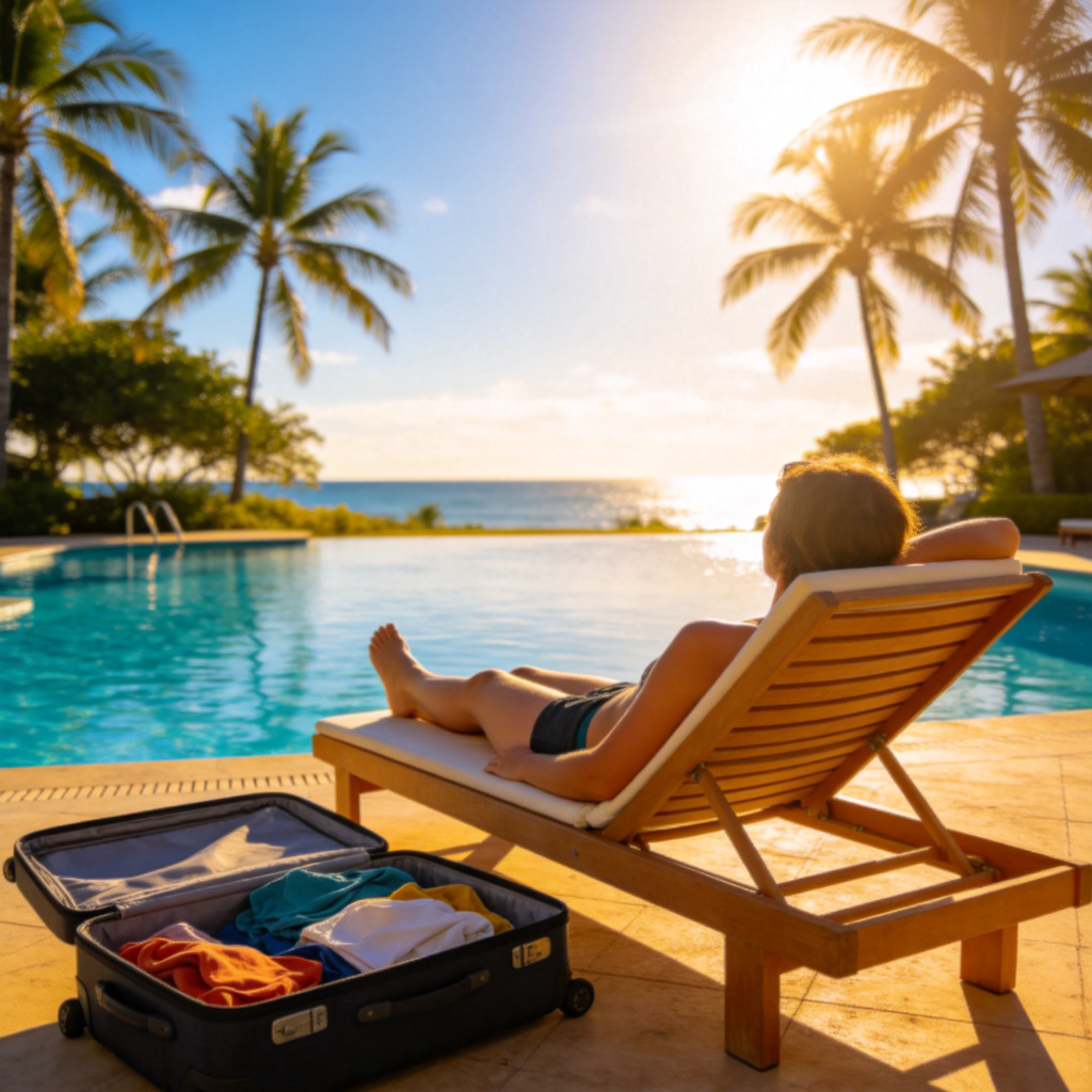 A person relaxing on a sun lounger by a swimming pool, with a suitcase open nearby showing clothes, under a clear blue sky with palm trees. Bright sunlight, serene setting, no text.