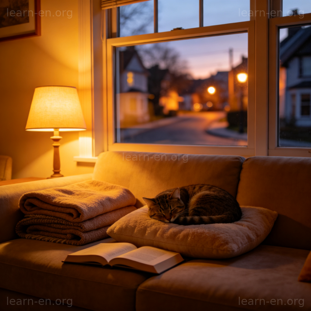 Home meaning illustrated: a warm, safe living room with soft lighting and a sleeping cat.