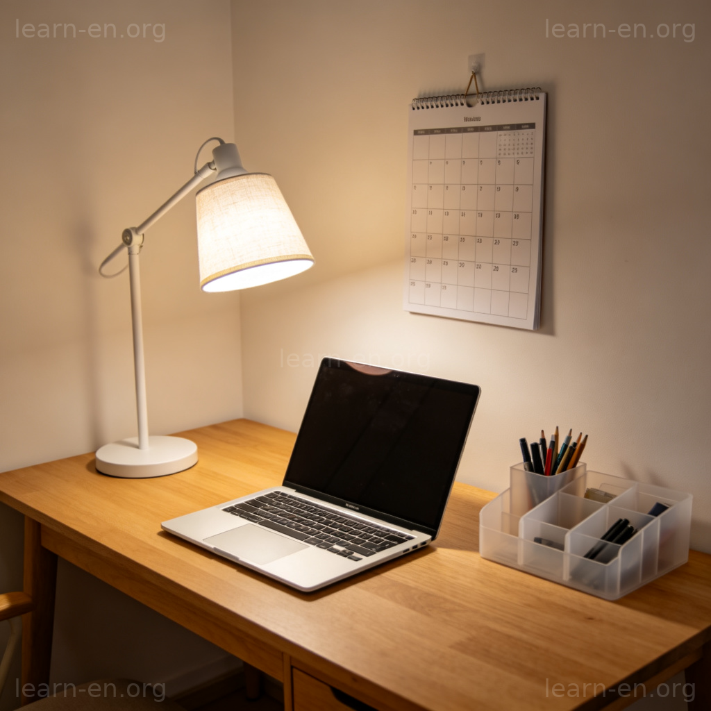 Home workspace desk with computer and organizational tools