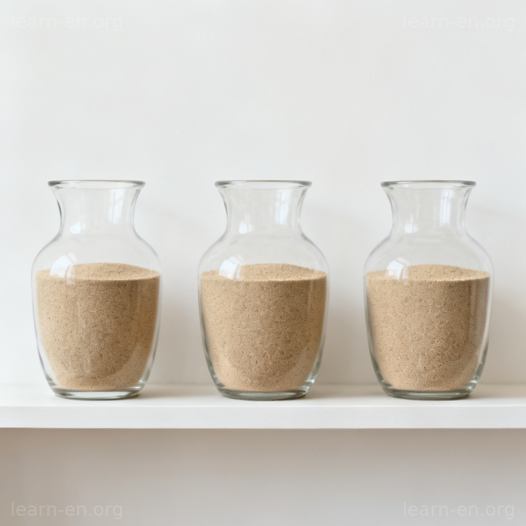 Homogeneous mixture example: three vases filled with identical fine beige sand, uniform throughout.