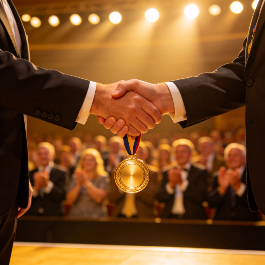 A person receiving a shiny gold medal from another person in a formal ceremony, with a crowd clapping in the background. Bright stage lighting, focus on the medal and handshake. No text.