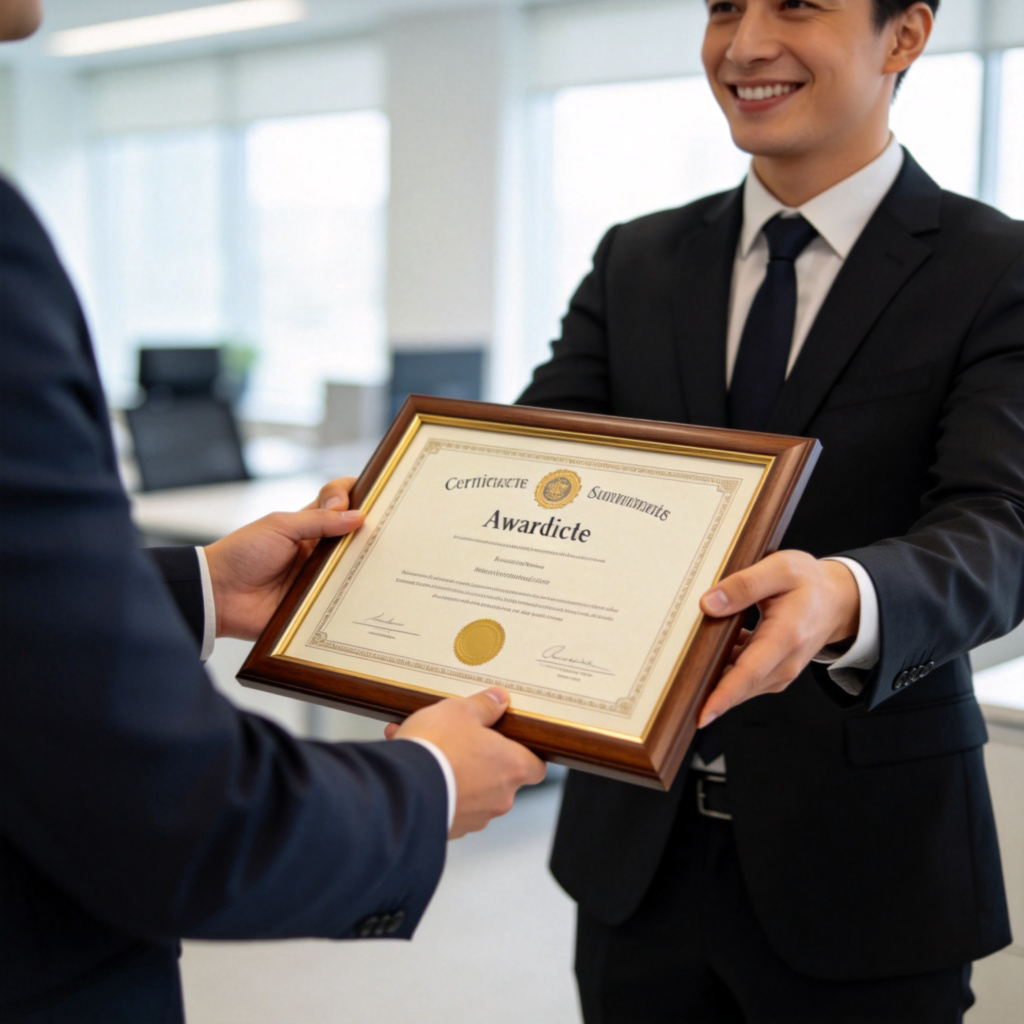A person in a formal suit presenting a framed award certificate to another smiling person in a modern office setting. Soft natural lighting, close-up on the certificate and handover gesture. No text.
