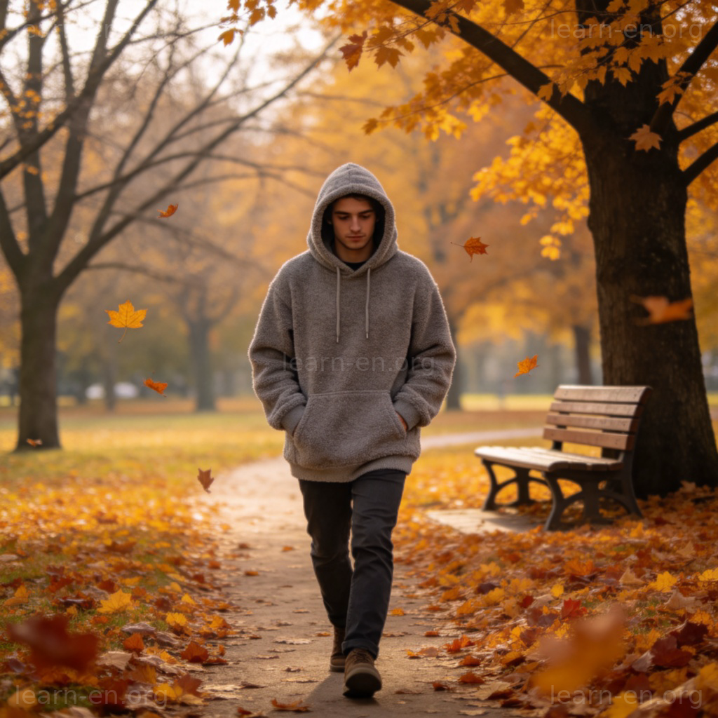 Hoodie 帽衫图解：秋季公园中穿着灰色连帽衫的舒适休闲场景