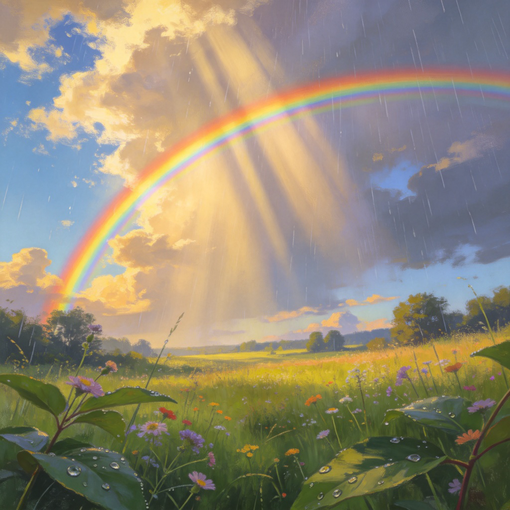 A symbolic image of hope: a beautiful, vibrant rainbow arching across a clearing sky after a rainstorm, with beams of sunlight breaking through the clouds. The rainbow is the central, dominant element in a peaceful natural landscape. No text.