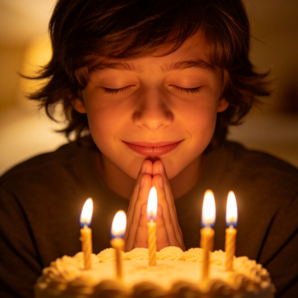 A young person with eyes closed and a calm, smiling face, making a wish before blowing out the candles on a birthday cake. The candles are lit, and the scene is warm and personal, focusing on the person's expression and the act of wishing. No text.