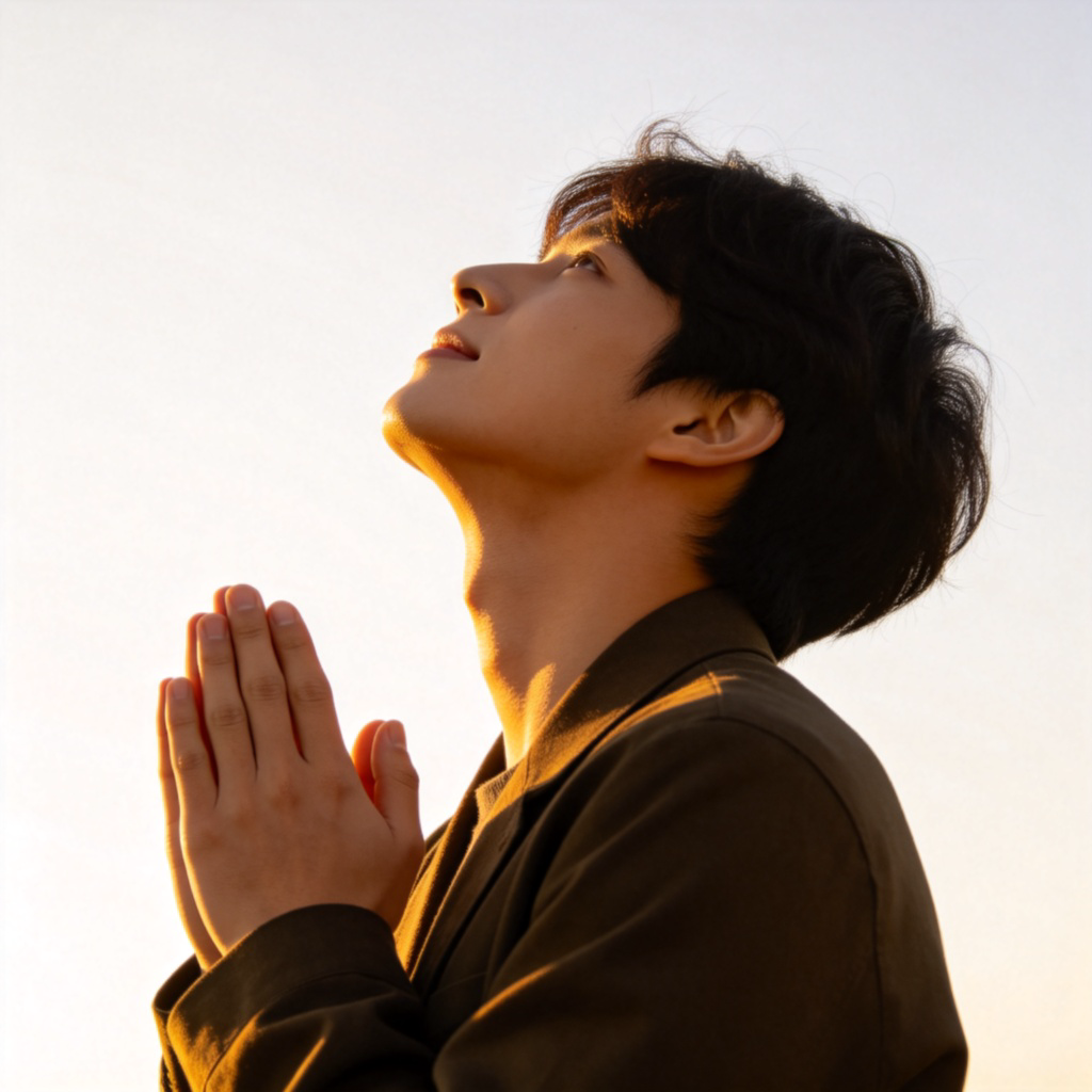 A person looking up at the sky with their hands clasped together in a gesture of hope or wishing. The expression is optimistic and expectant. Soft natural light, plain background to focus on the person's hopeful demeanor and body language. No text.