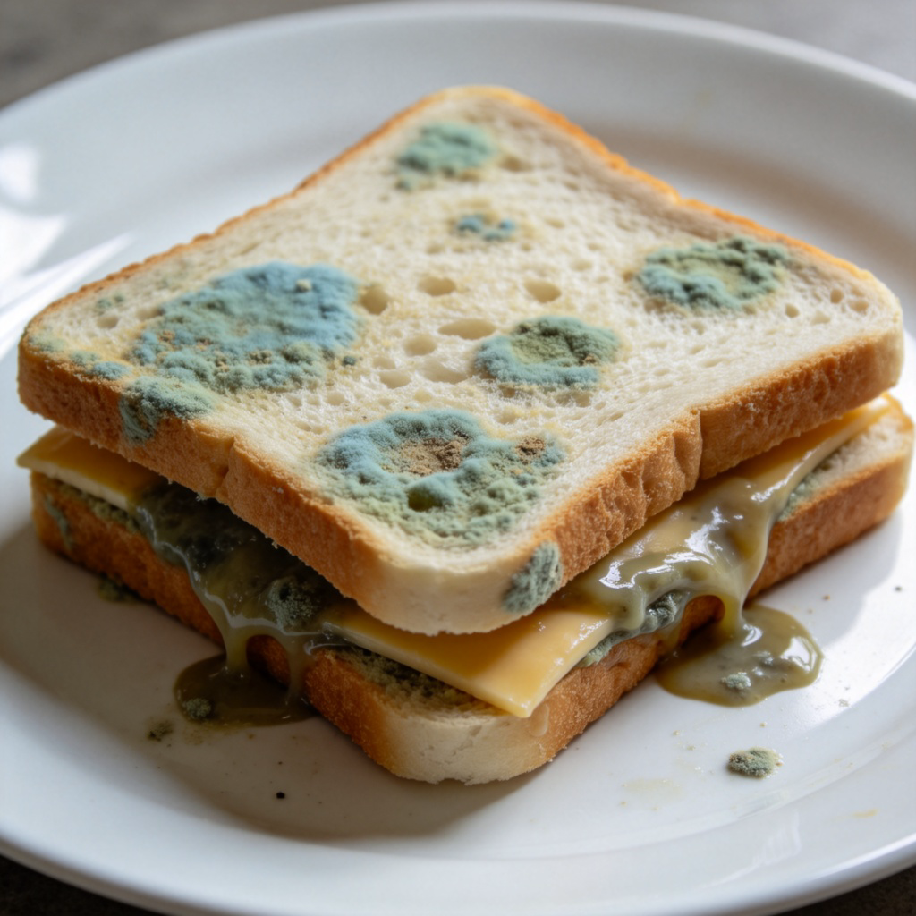 A close-up shot of a spoiled sandwich on a plate. The bread has blue-green mold spots, and the cheese looks slimy and discolored. The image shows clear signs of decay, making the food look extremely unappealing. Clean white plate, natural kitchen light.