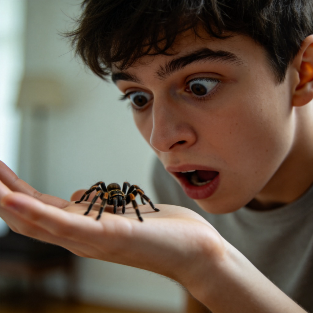 A person recoiling in shock, their eyes wide with fear. The focus is on their horrified facial expression as they look down at a harmless but realistically detailed spider crawling on their hand. A clean, slightly blurred indoor background.