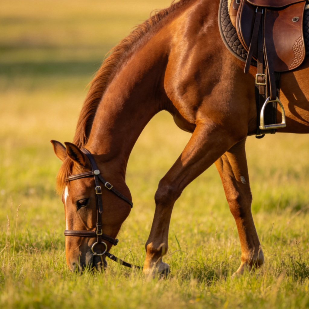 A close-up side view of a beautiful brown horse with a glossy coat, peacefully grazing on green grass in a sunny meadow. Its saddle and bridle are clearly visible. The background is softly blurred, focusing entirely on the horse's powerful yet gentle form. Photorealistic style, natural daylight.