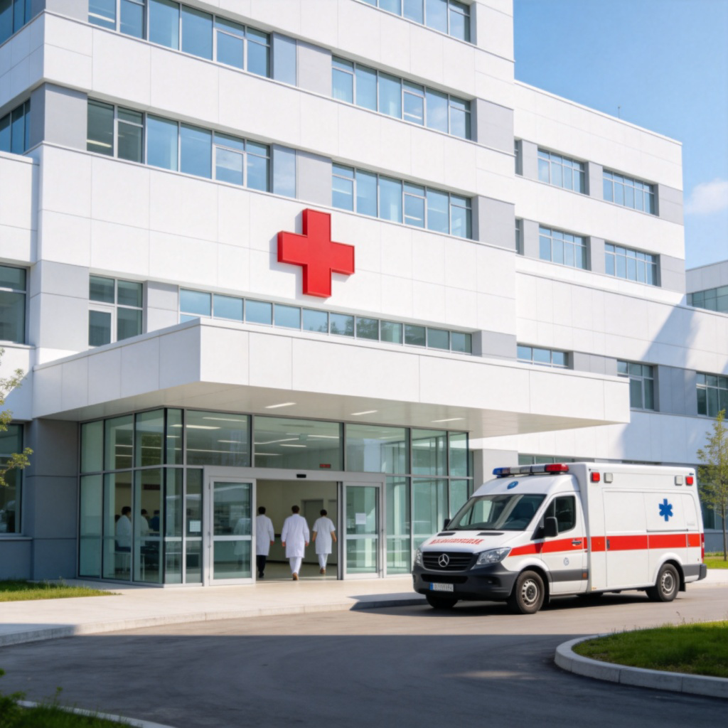 A wide shot of a modern, multi-story hospital building with a prominent red cross sign and an ambulance parked at the entrance. The building has clear glass doors and people in white coats are visible walking inside. A sunny day, clean and professional atmosphere. No text or logos.