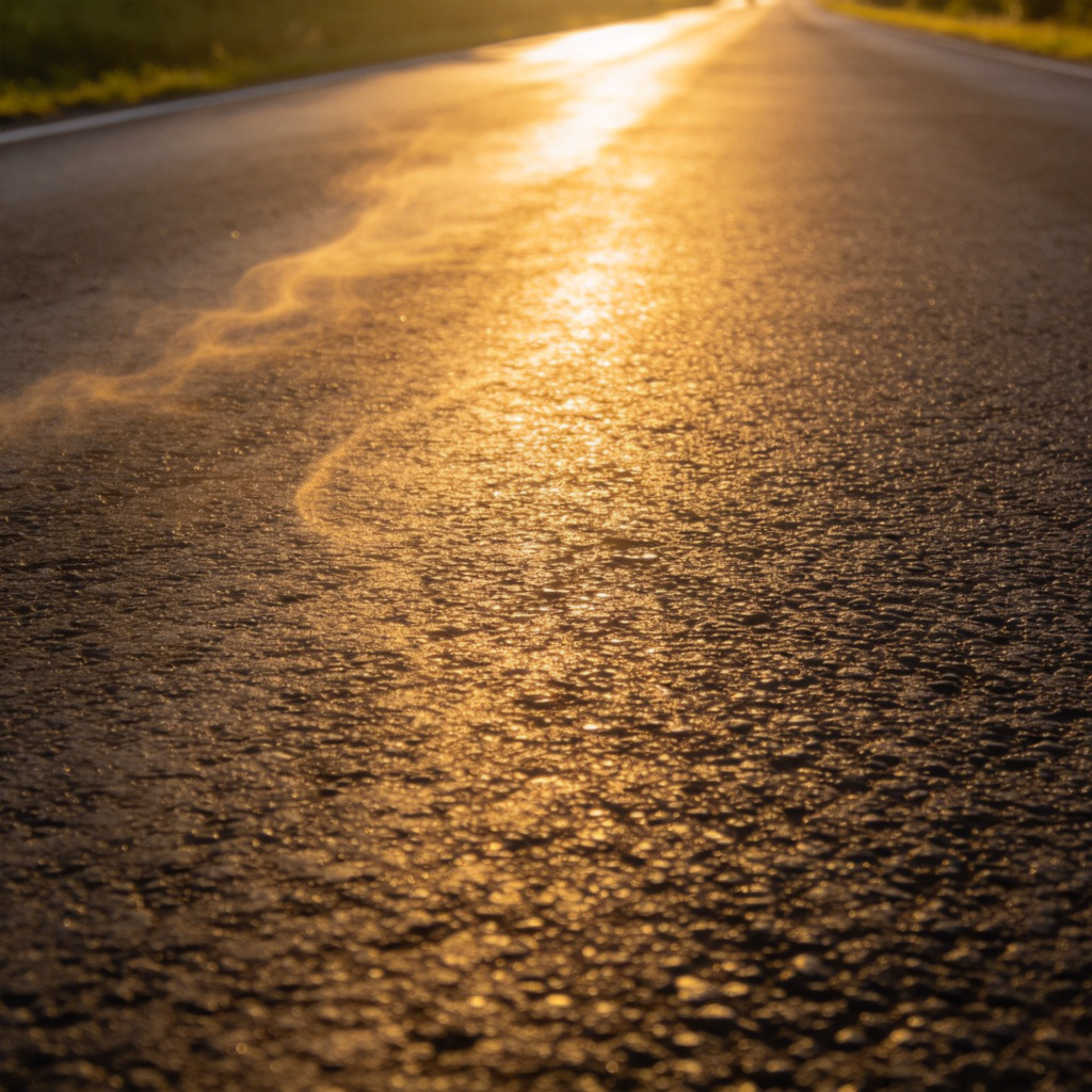 A close-up view of a paved road on a sunny summer day. The sun is high in the sky, and heat waves are visibly shimmering above the dark asphalt surface. The focus is on the texture of the hot road. Natural lighting, realistic photo style. No people or vehicles in the foreground. No text.