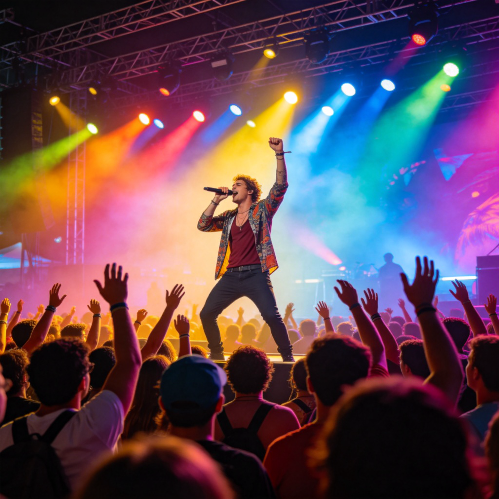 A vibrant and crowded scene at a summer music festival. The focus is on a popular singer performing energetically on stage under colorful stage lights. The enthusiastic crowd below is cheering with their hands in the air. The atmosphere is lively and full of excitement. No text.