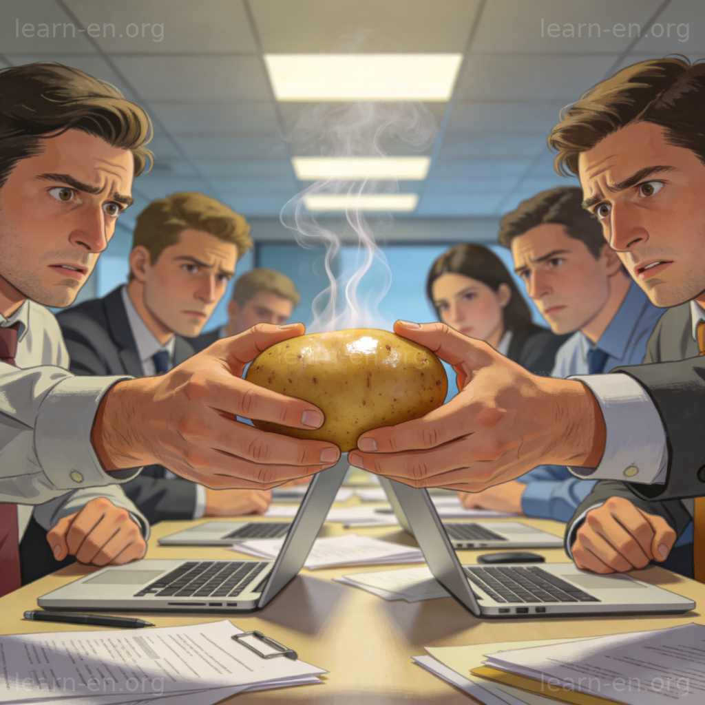 Hot potato idiom illustration: people passing a steaming potato