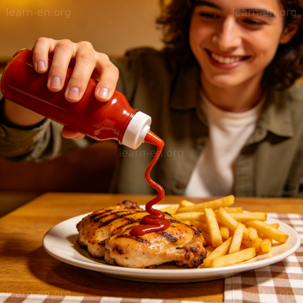 Hot sauce bottle squeezed over food, illustrating spicy condiment usage.