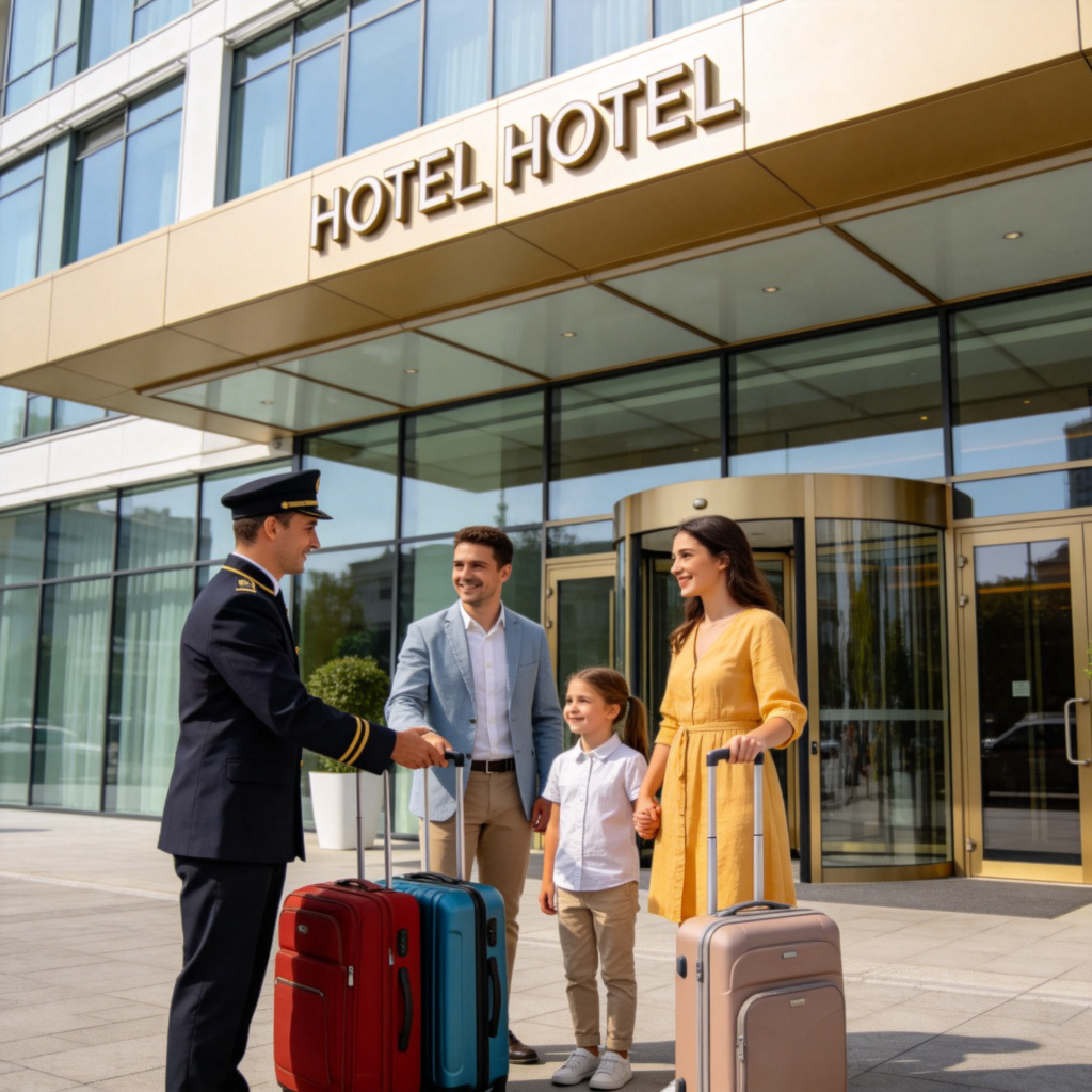 A modern hotel building with a clean glass entrance and a sign displaying its name. In front, a friendly bellhop in uniform is helping a family with their luggage. Bright daytime lighting, clear focus on the hotel facade and the welcoming activity. No text or logos in the image.