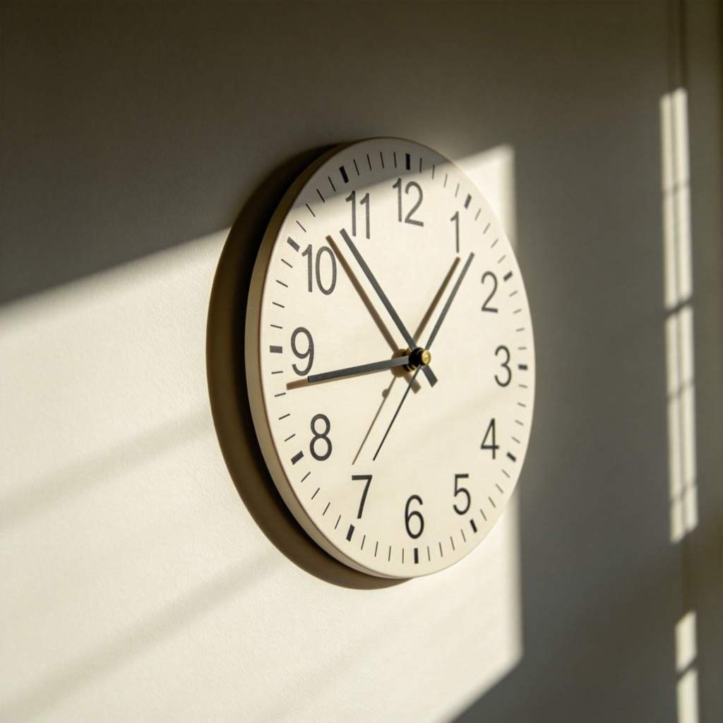 A close-up of an analog clock face on a wall, with the minute hand starting at 12 and moving to 12 after 60 minutes, showing time passage. Plain background, clear clock numbers, natural lighting from a window. No text or logos.