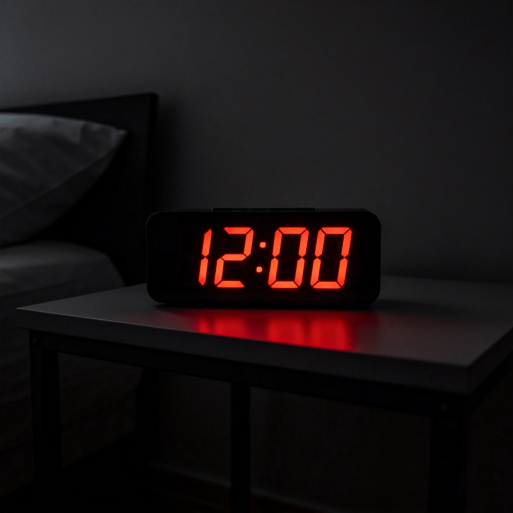 A digital alarm clock on a bedside table, displaying exactly 12:00 with bright red numbers. The room is dark, emphasizing the clock as the focus. No other objects, clean and simple style. No text.