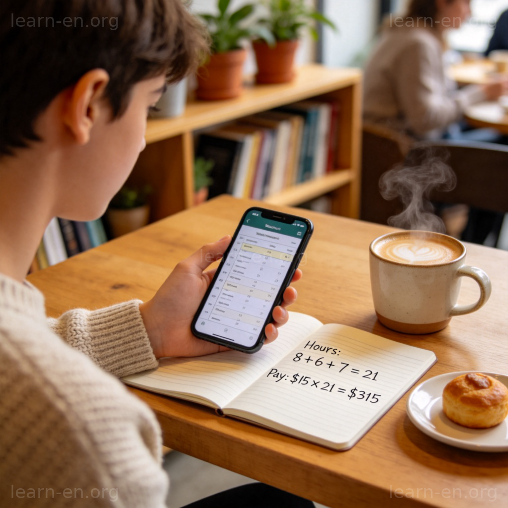 Hourly wage calculation on a notepad with a phone showing work schedule