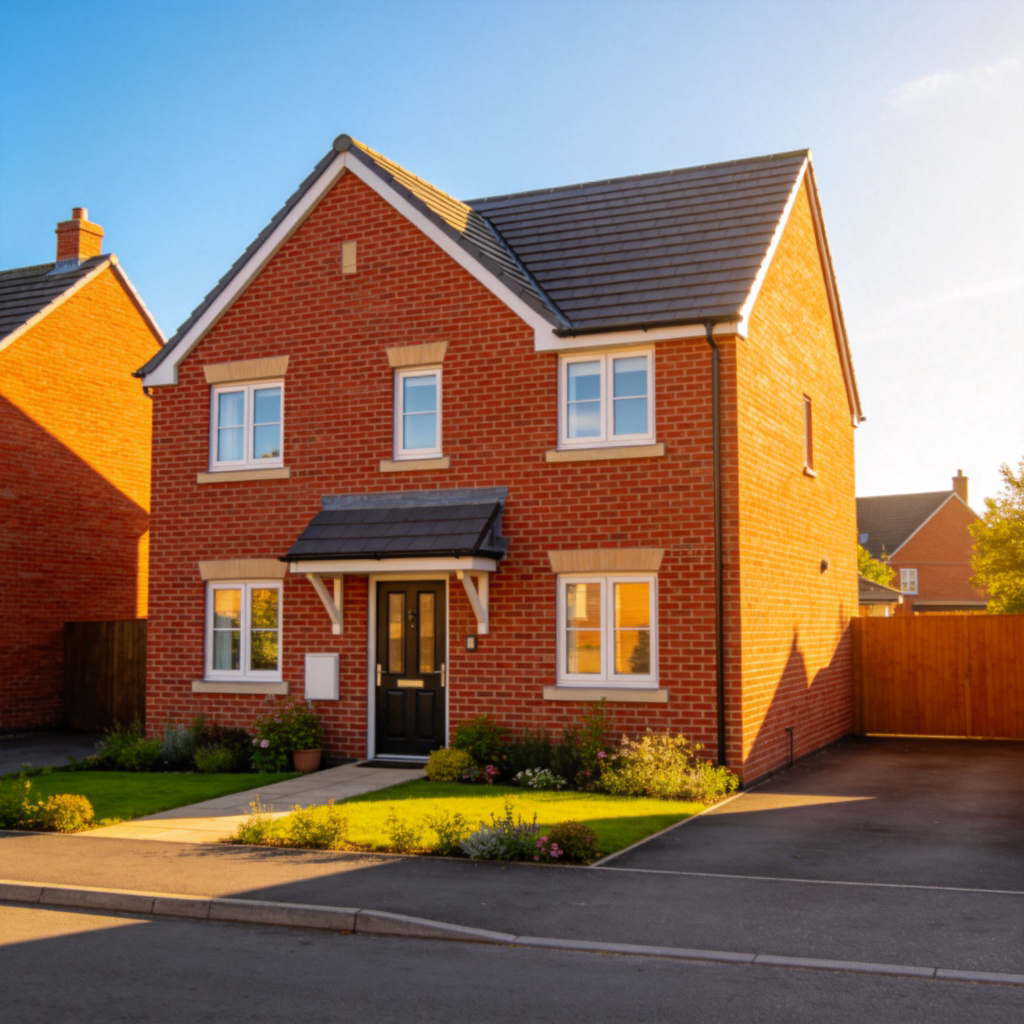 A stand-alone, two-story suburban house with a pitched roof, a front door, and a small garden. The house is made of red brick under a bright, sunny sky. The view is from the street, showing the whole building clearly. The style is realistic and clean, with no other houses or people blocking the view. No text or logos.