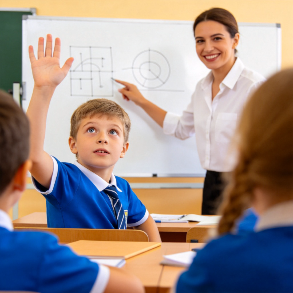 A student raises hand in a brightly lit classroom, asking a teacher a question. The teacher is smiling and pointing at a whiteboard with simple diagrams. Focus on the student's curious expression and the teacher's gesture. Clear, educational atmosphere. No text.
