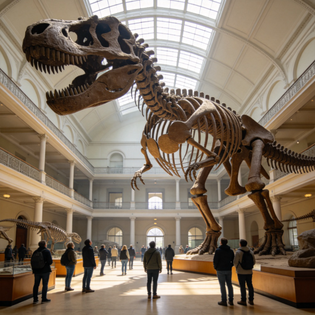A towering dinosaur skeleton in a bright, spacious museum hall. Visitors are looking up at it from below, appearing very small in comparison. The skeleton fills most of the frame, emphasizing its immense size. Photorealistic style, clean and well-lit environment. No text.