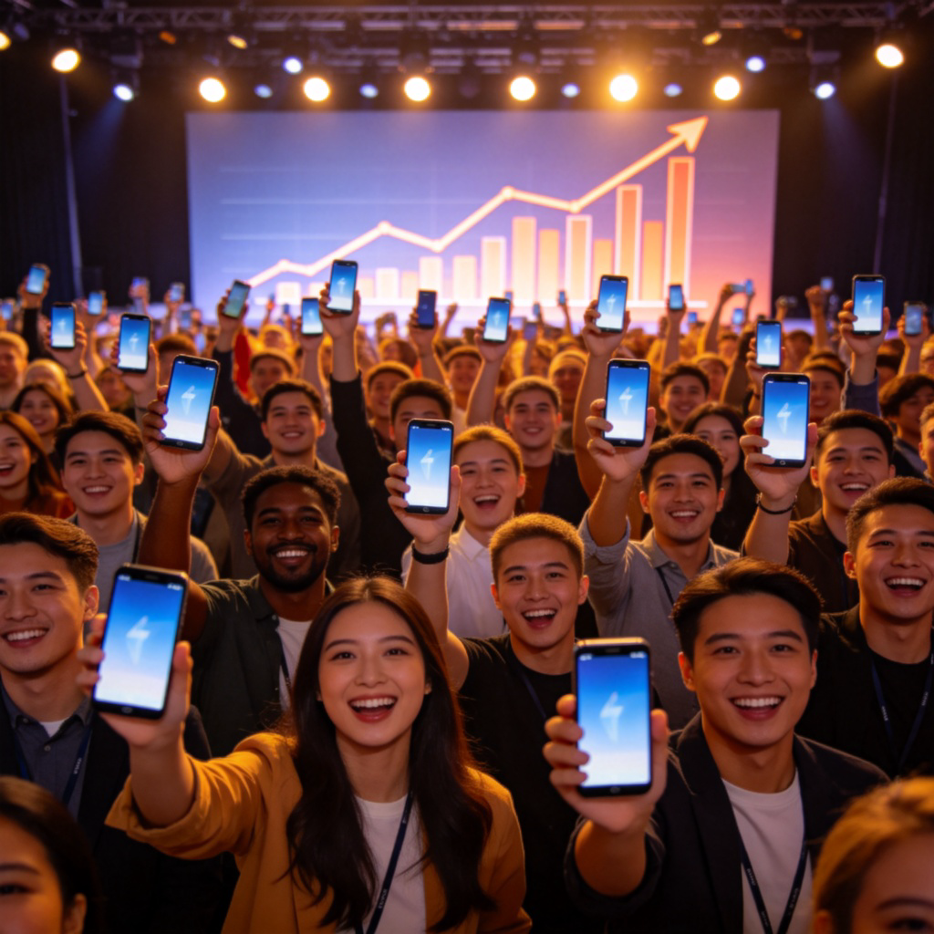 A diverse, smiling crowd of people at a product launch event, holding up new smartphones. The atmosphere is energetic and celebratory, with lights and a stage backdrop showing upward trending graphs, symbolizing major success and impact. Photorealistic, focused on the positive collective reaction. No text.
