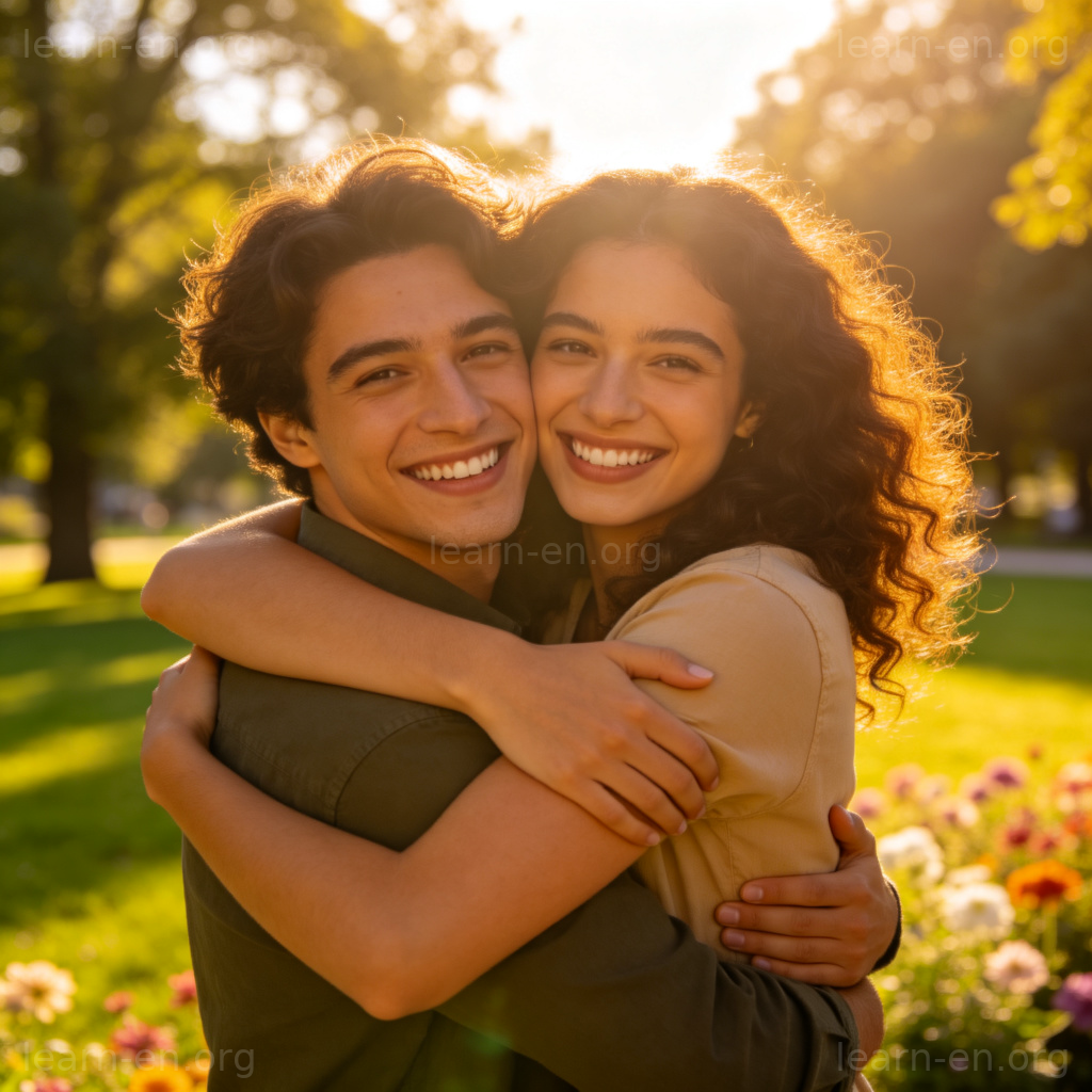 hugging 拥抱图解：两人在公园微笑紧抱，表达喜爱与幸福