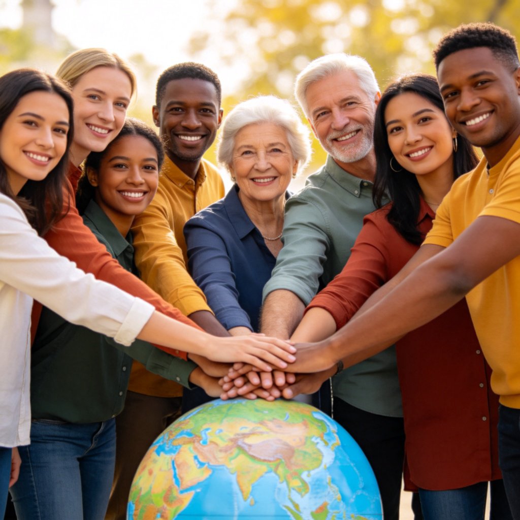A diverse group of smiling people of different ages, genders, and ethnicities standing together and holding hands in front of a globe. They are wearing casual, modern clothes. Bright, natural daylight, soft focus on the background to emphasize the people.