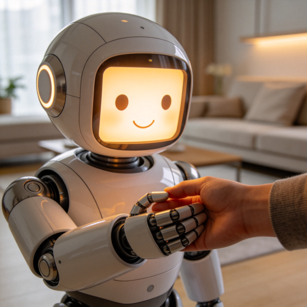 A close-up of a friendly, advanced-looking robot with a soft, glowing face screen, displaying a simple, warm smile. It is holding a human hand gently. The setting is a clean, modern living room. Focus is on the connection between the machine and the human hand.