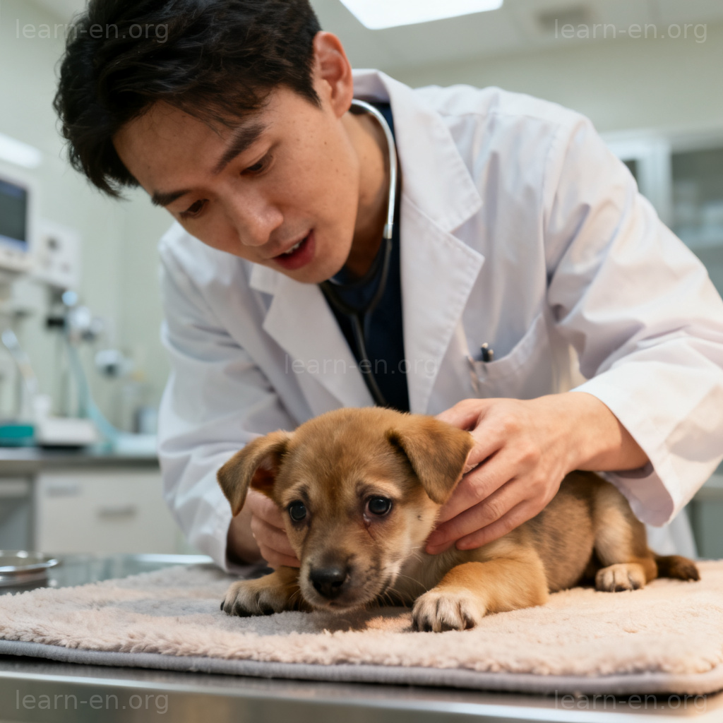 Humane veterinarian gently examining a scared puppy