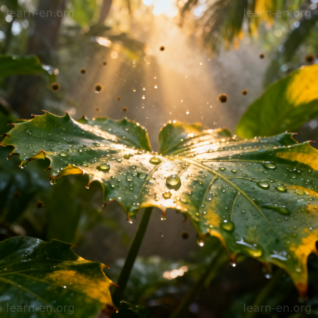 Humid definition illustrated by a damp, tropical rainforest with water droplets on leaves.