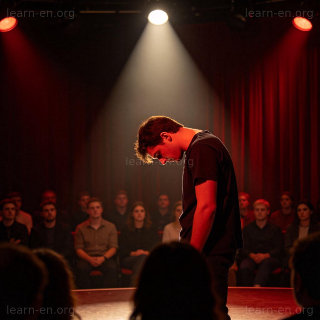 humiliated 图解：舞台上的人低头红脸，感到羞辱的场景