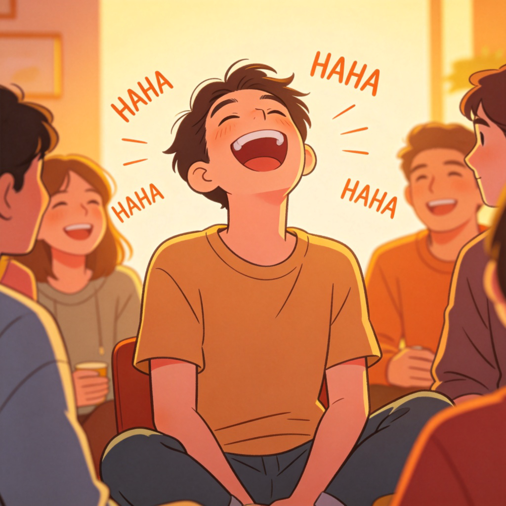A person sitting with friends, laughing heartily with a wide smile, throwing their head back. Cartoon-style laugh lines or "HAHA" symbols float around them. Bright, friendly atmosphere. Simple, warm background. No text.