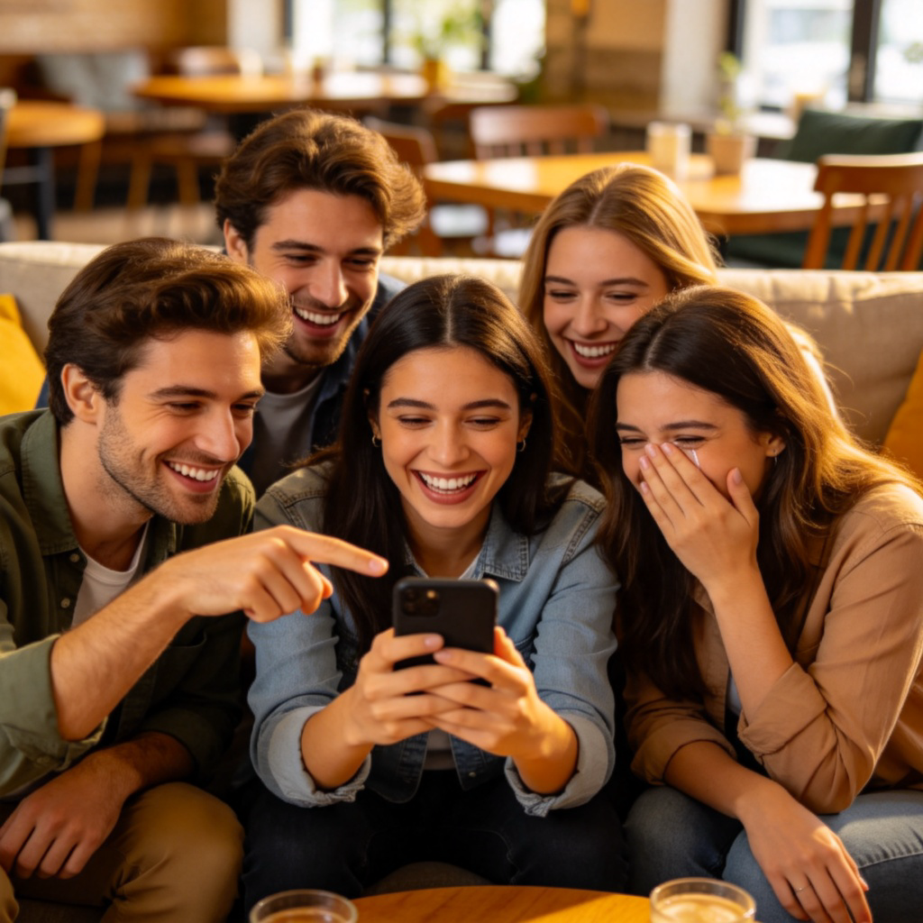A group of friends gathered around a phone, watching a funny video and laughing together. One is pointing at the screen, another is wiping tears of laughter from their eyes. Casual, everyday setting like a living room or cafe. No text.