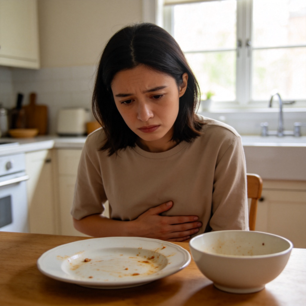 A person sitting at a table, looking sadly at an empty plate and bowl, with one hand resting on their stomach. Soft, natural light from a window, clean and simple kitchen background. The focus is on the person's expression of need and the empty dishes. No text.