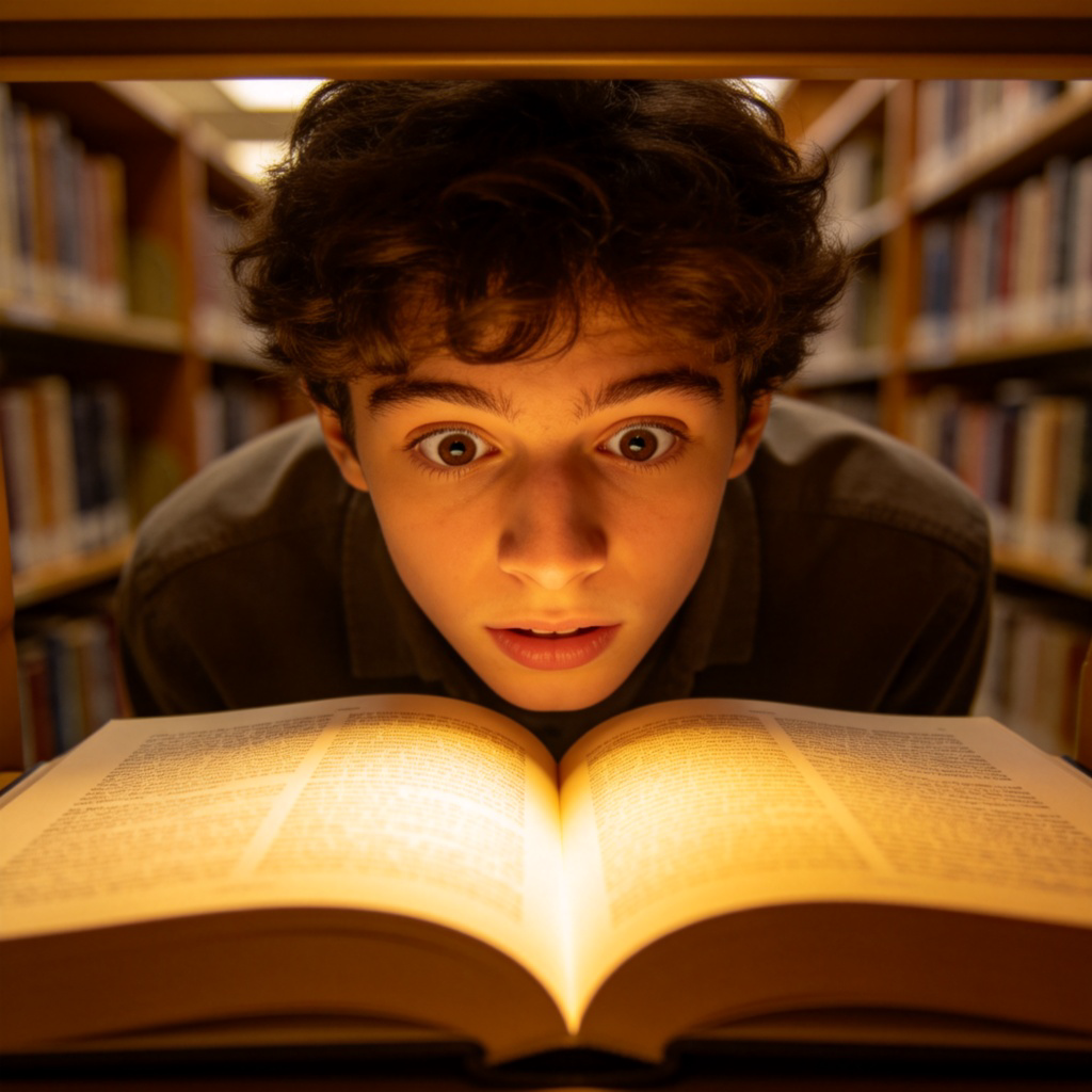 A student leaning forward eagerly in a library, eyes wide with curiosity, looking at an open book that seems full of fascinating information. Warm light on the book and the student's face, suggesting focus and desire. The background is a blur of bookshelves. No text.