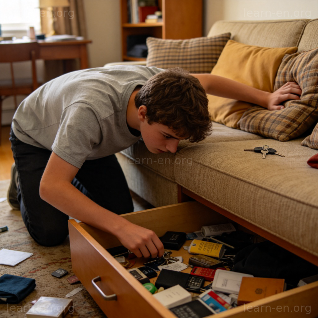 hunt 搜寻含义图解：在杂乱房间中焦急寻找钥匙的场景