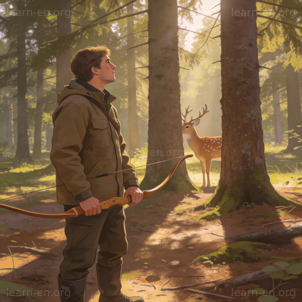 hunt 打猎含义图解：猎人在森林中持弓追踪远处鹿的场景