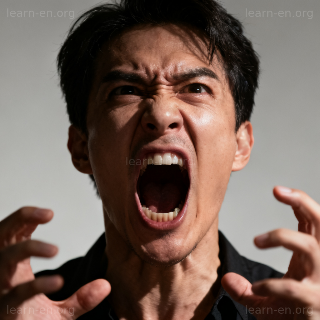 Hurl meaning shown by an angry person shouting loudly with an emphatic gesture.