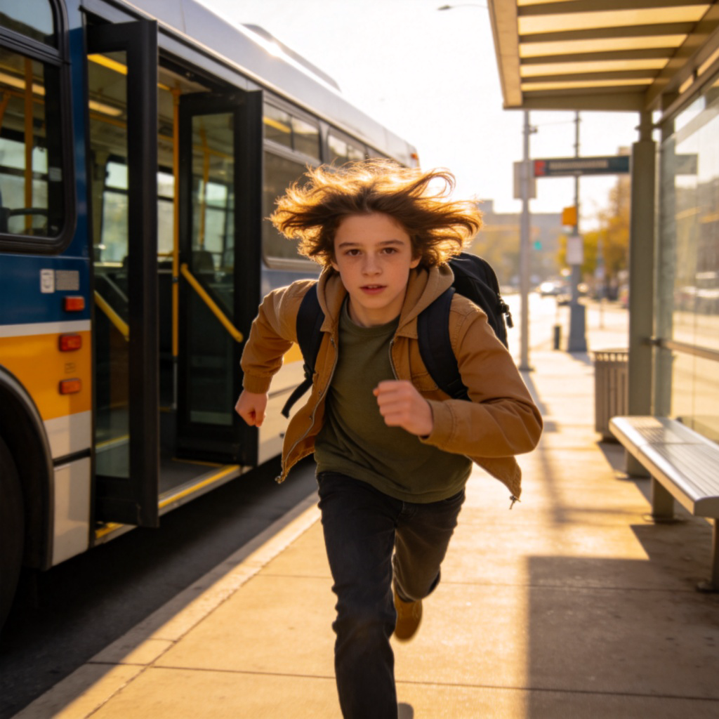 A young person with a backpack is running towards a city bus that has its doors open at a stop. The person's hair and jacket are blowing back, showing motion. Focus on the determined expression and the forward-leaning posture. Bright daylight, simple urban background.