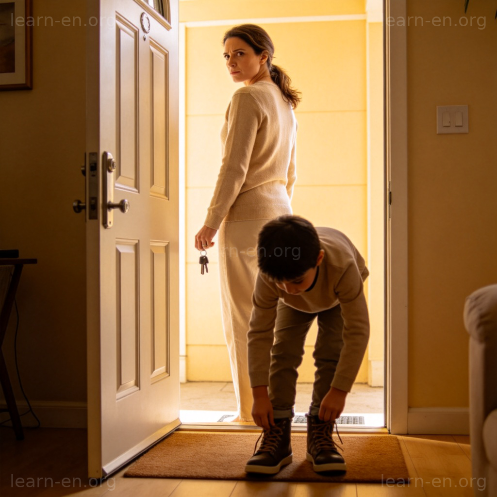 A mother figure is standing by an open front door, car keys in hand, looking back with a slightly impatient but kind expression. In the foreground, a child is slowly putting on their shoes on a doormat. Warm indoor lighting, focused on the interaction between the two.