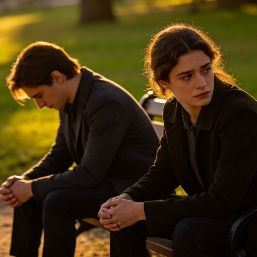 Two people sitting on a park bench, slightly apart. One person is looking down at their hands with a sad expression, while the other looks away, showing regret. The body language suggests emotional distance and a recent painful conversation. Soft evening light, blurred green background. No text.