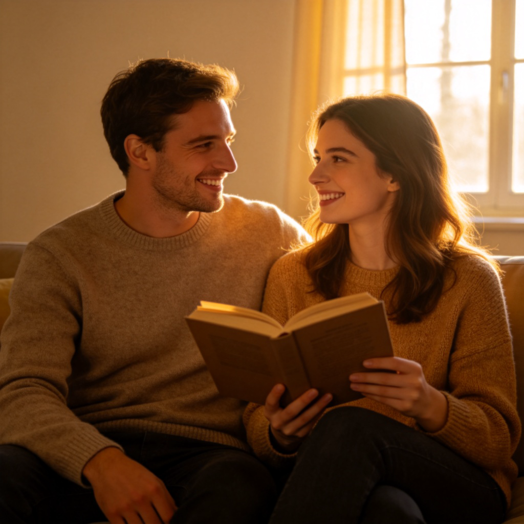 A warm, realistic scene in a cozy living room. A kind-looking man (husband), wearing a casual sweater, sits next to a woman who is reading a book. They are smiling and looking at each other comfortably. Soft afternoon light from a window. The focus is on their happy, relaxed interaction as a couple. Plain background, no text.