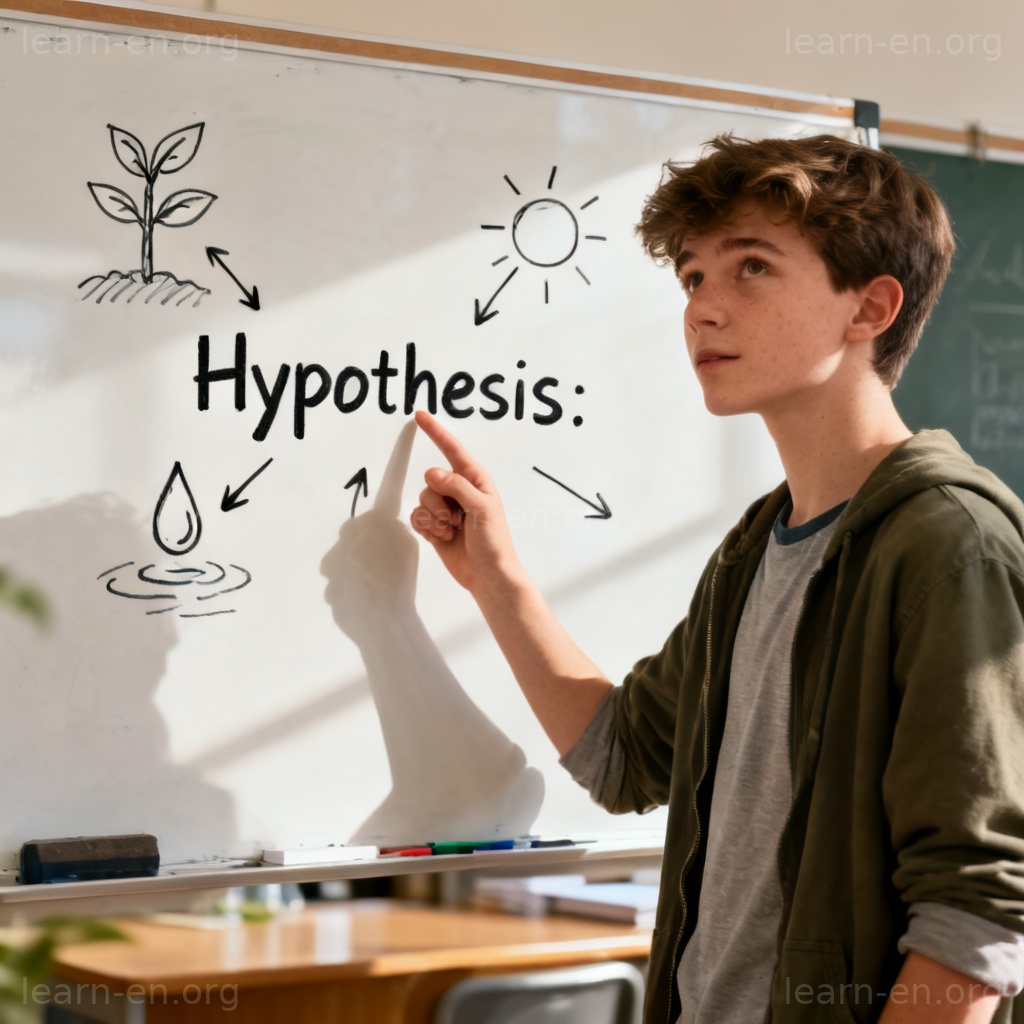 Hypothesis explanation: researcher pointing at a 'What if...' idea on a board with diagrams