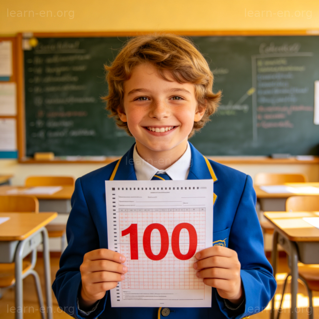 ace 核心词图解：学生在教室自豪展示满分试卷