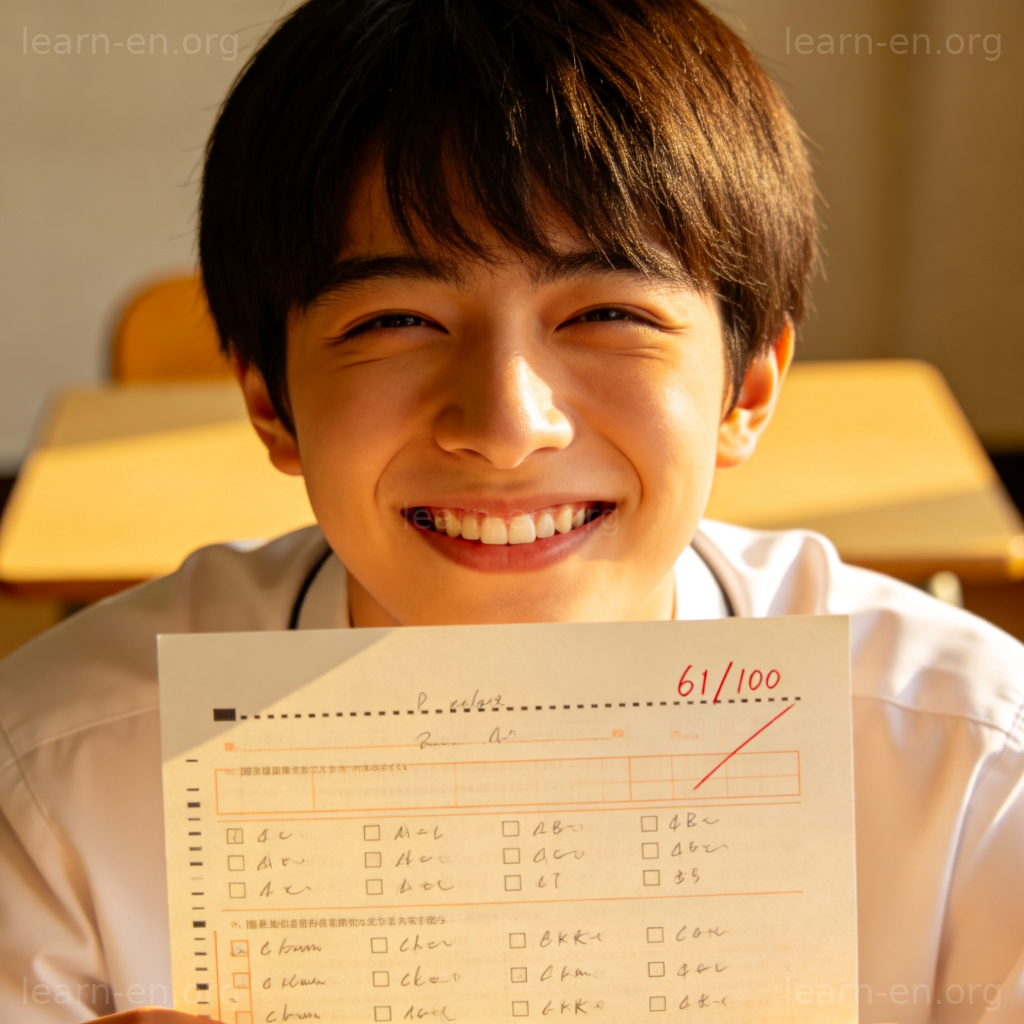 I barely passed 图解：学生看着刚过及格线的试卷，露出庆幸笑容